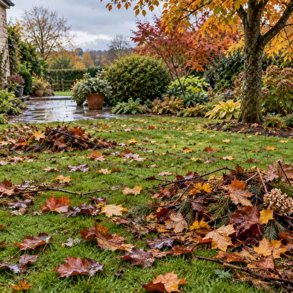 Cómo gestionar las hojas húmedas y los restos vegetales del jardín Hojas mojadas y pequeños restos vegetales acumulados sobre el césped de un jardín durante el otoño